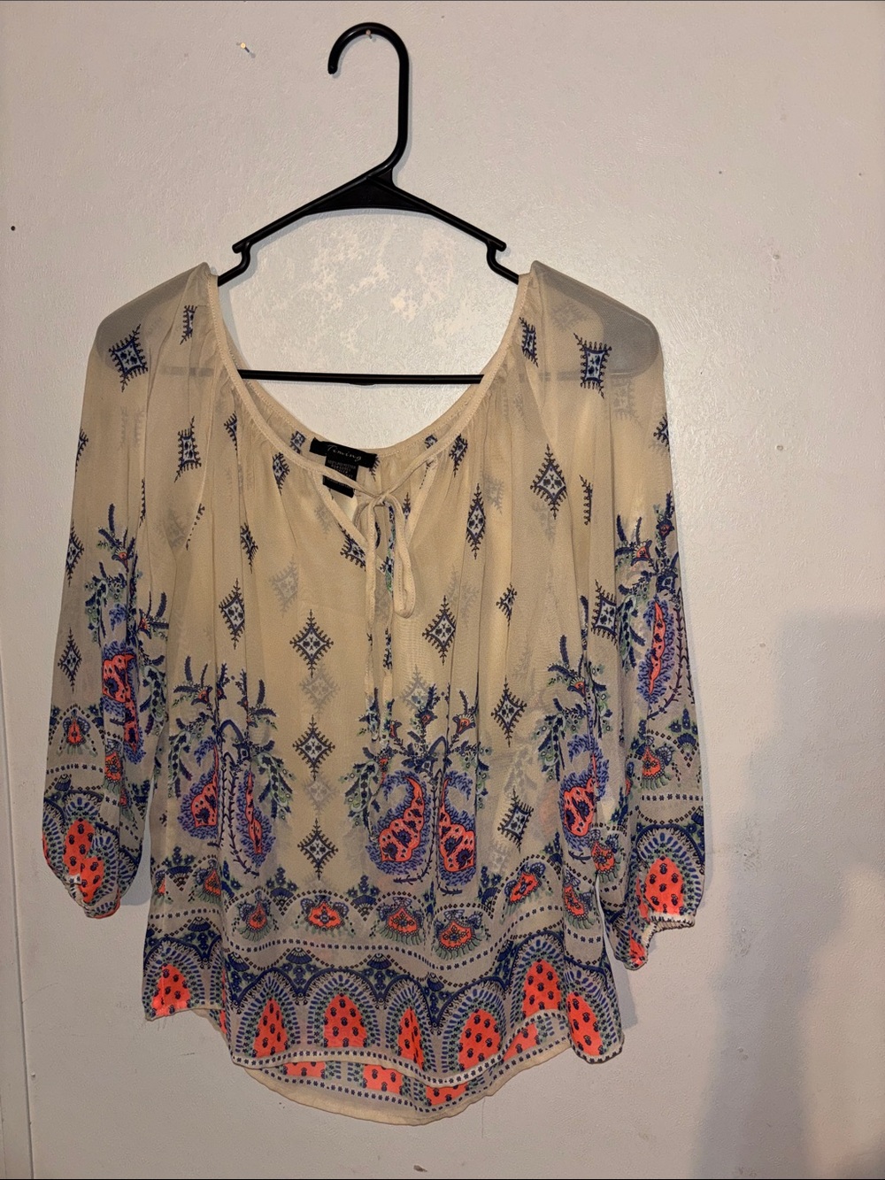 Timing Cream Sheer Boho Tunic with Blue & Coral Motif